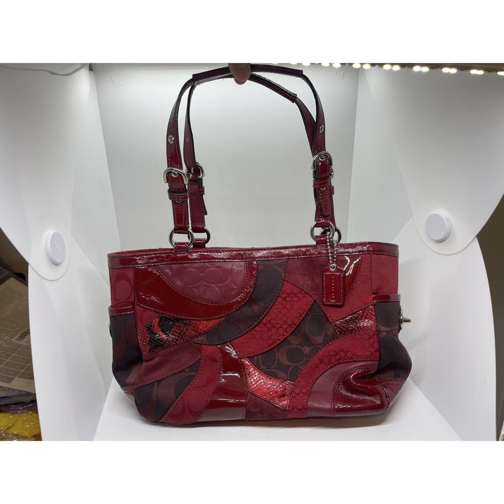 Coach Y2K Red Signature Patchwork Tote Bag Multi-Texture F14004 Silver Hardware